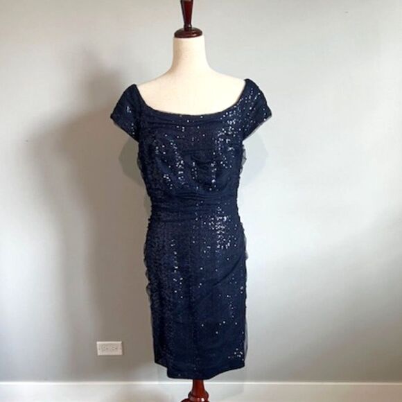 Ralph Lauren Evening Blue Sequin Gathered Mesh Overlay Cap Sleeve Dress Size 16 - Picture 1 of 12